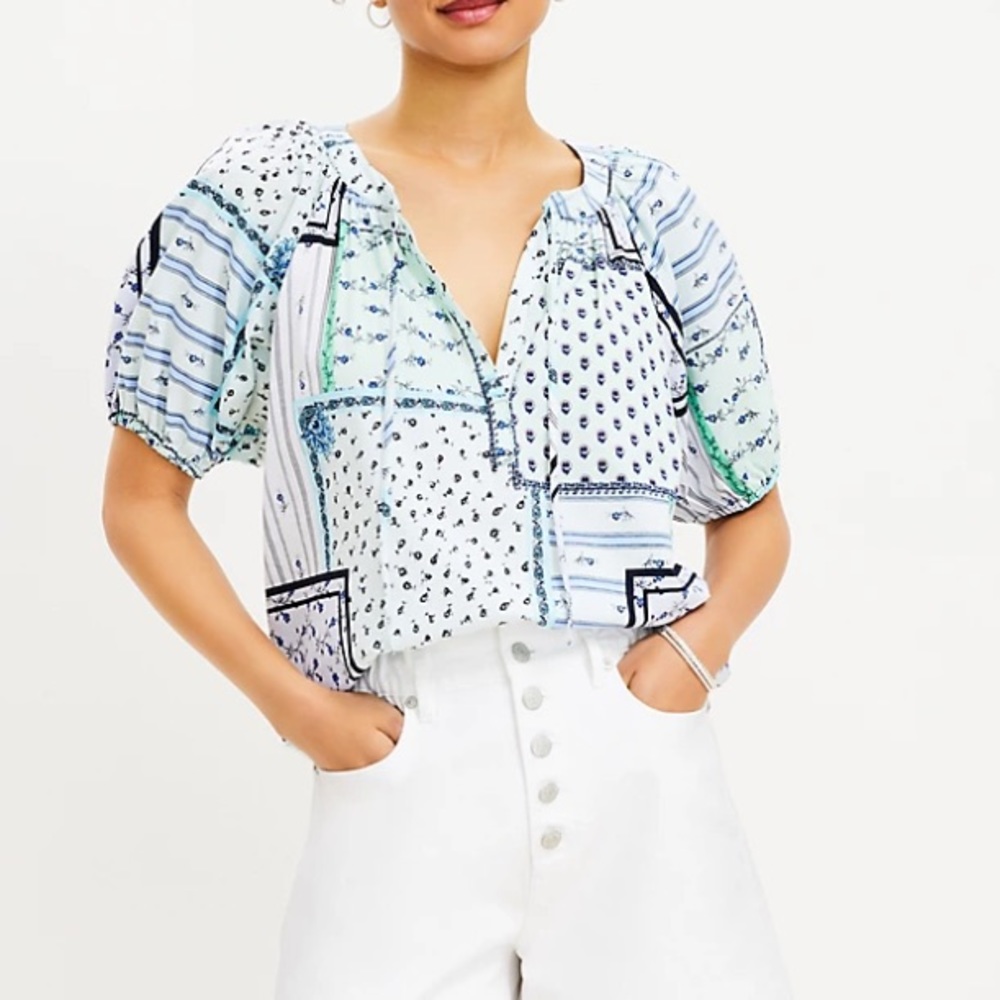 LOFT White Patchwork Print Short-Sleeve Blouse